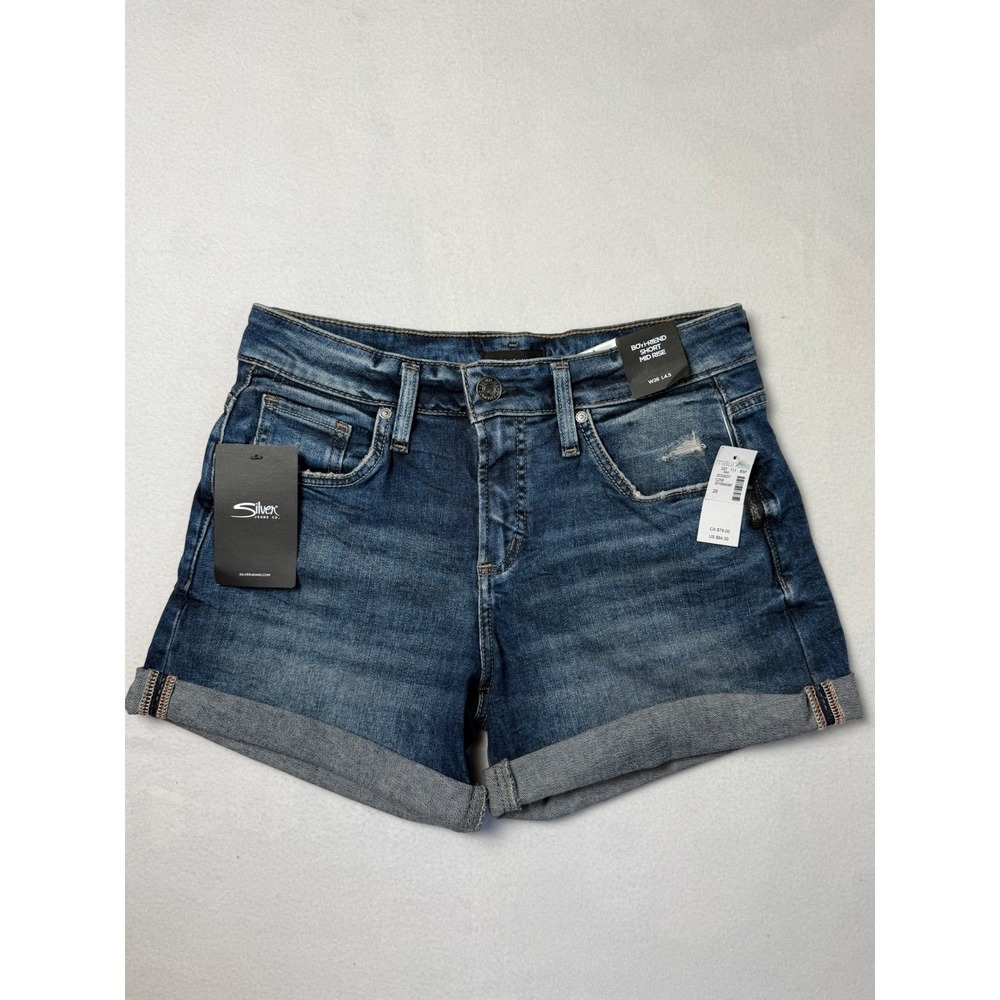 Silver Jeans Co Boyfriend Mid Rise Denim Shorts Indigo Blue Cuffed W26 L4.5 NEW